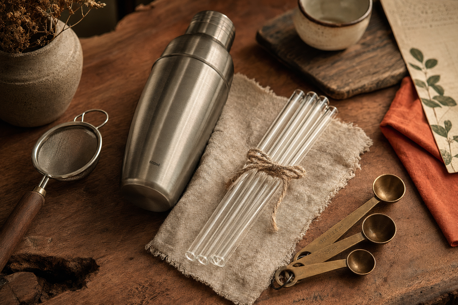 Stainless shaker, glass straws, mesh strainer, and measuring spoons on raw walnut
