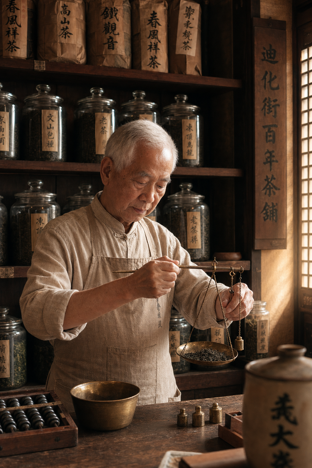 A tea master hand-weighing loose-leaf tea