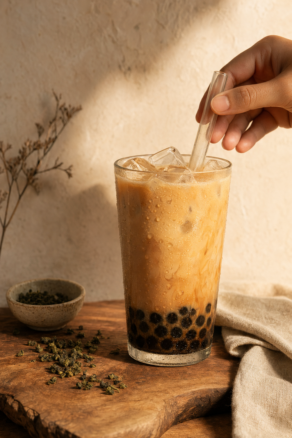 A glass of Taiwanese milk tea with tapioca pearls on a warm wood surface