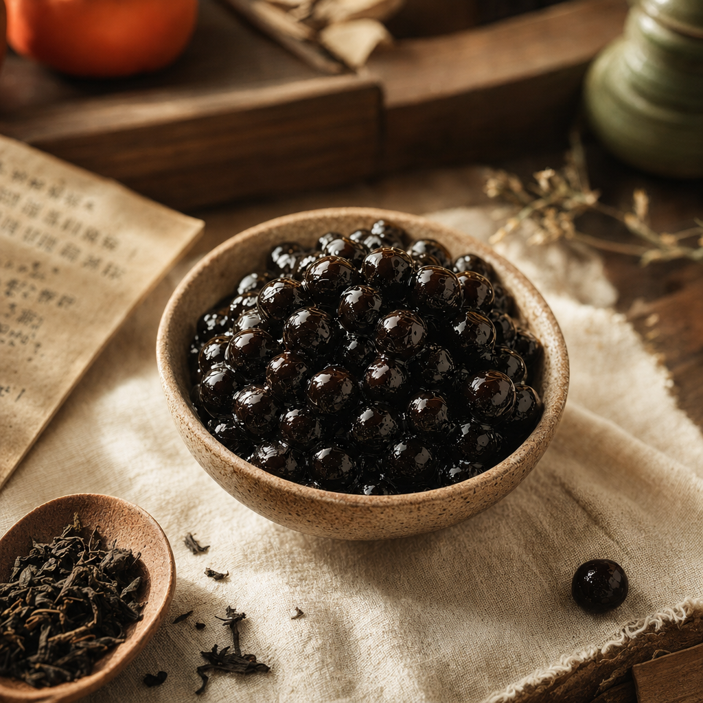 Glossy black tapioca pearls in a ceramic bowl