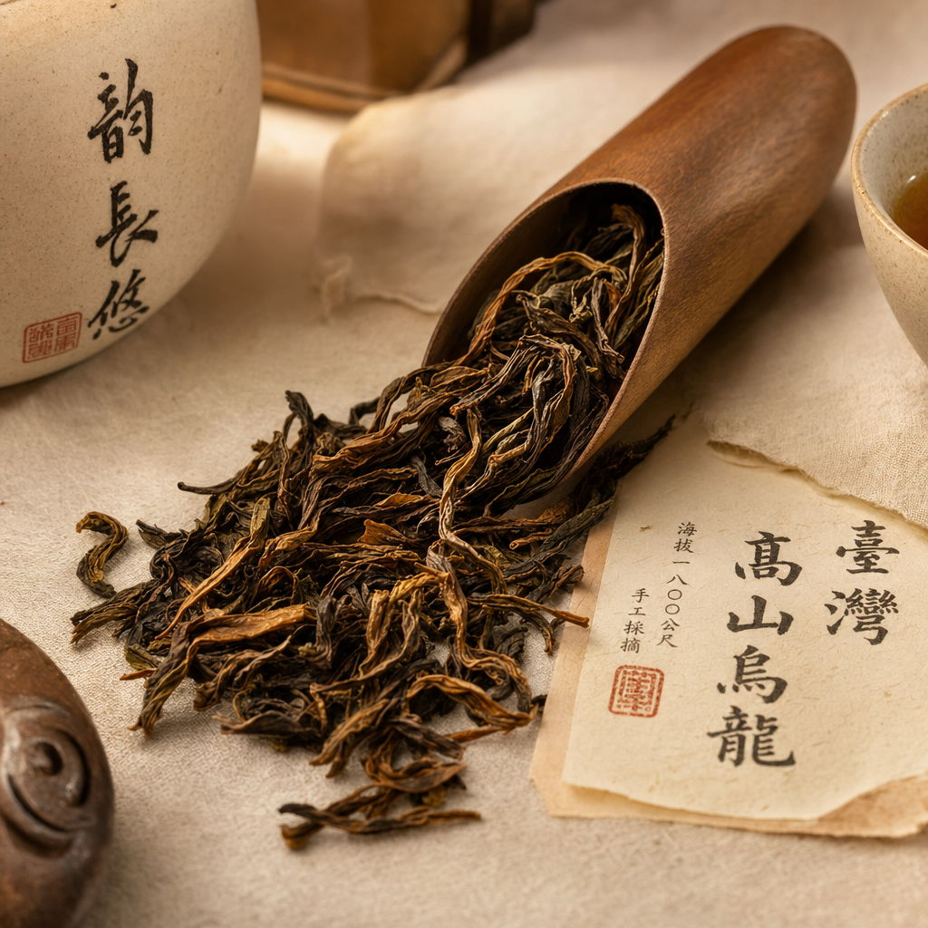 Loose-leaf oolong tea in a wooden scoop