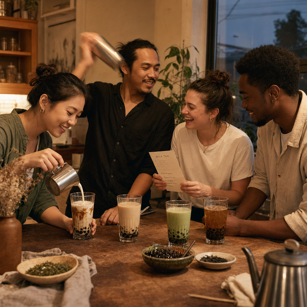 Friends making bubble tea together at a kitchen island
